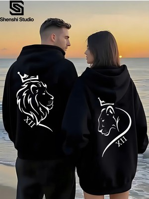 Macklin Sevgili - Arkadaş Çift Kombini Aslan Çift Sırt Baskılı Özel Tasarım Kapüşonlu Sweatshirt 2li Takım