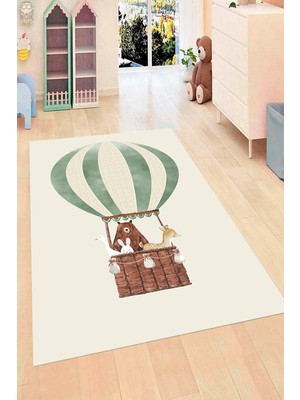 Aymira Home Dekoratif Dijital Baskı Kaymaz Taban Yıkanabilir Çocuk Halısı Uçan Balon Hayvan Figürlü