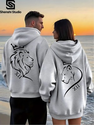 Macklin Sevgili - Arkadaş Çift Kombini Aslan Çift Sırt Baskılı Özel Tasarım Kapüşonlu Sweatshirt 2li Takım