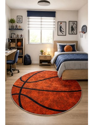 Aymira Home Dijital Baskı Dört Mevsim Kaymaz Taban Basketbol Topu Desenli Yıkanabilir Yuvarlak Çocuk Genç Halısı