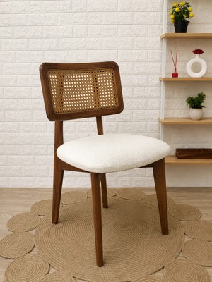 Silla Zion Sandalye Teddy Krem Kumaş Hasırlı Ceviz Ahşap Sandalye