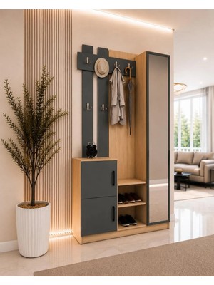 Afilli Nova Modern Tasarımlı Kapaklı Aynalı Portmanto 180 cm Yükseklik 100 cm Genişlik Antrasit MDF