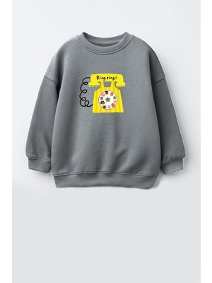 Monila Unisex Çocuk Telefon Baskılı 3 Iplik Kumaş Pamuklu Sweatshirt