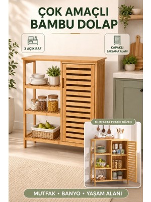 Begin Power Çok Amaçlı Bambu Dolap – 3 Raflı Kapaklı Mutfak Banyo Ev Ofis Düzenleyici Dolap