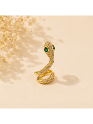 Hotchic Hotchıc Yılan Figürlü Yeşil Taş Detaylı Gold Earcuff Çelik Küpe - Tek Adet