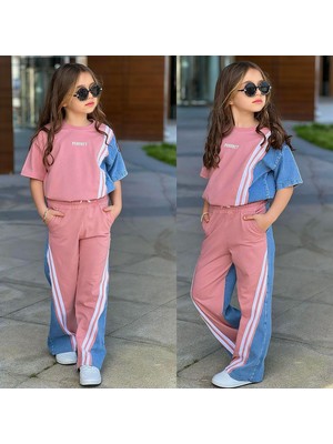 Kız Çocuk Çizgi Detaylı Denim Garnili Eşofman Takımı – Rahat & Trend Stil 6492 Pembe