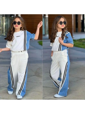 Kız Çocuk Çizgi Detaylı Denim Garnili Eşofman Takımı – Rahat & Trend Stil 6492B