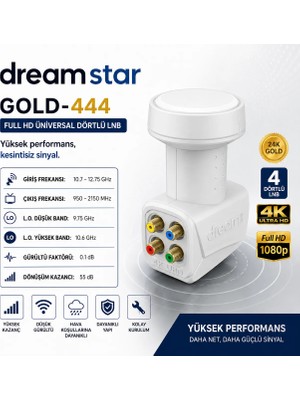 AŞIK STORE Dreamstar GOLD-444 Universal Dörtlü Lnb 0.1 Db 4 Çıkışlı Full Hd 4K UHD Uydu Anteni Lnb 55 Db Yüksek Kazanç Düşük Gürültülü