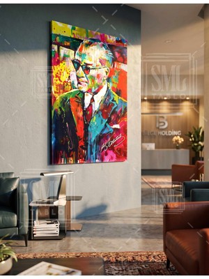 SML Tablo Renkli Pop Art Tasarım Gözlüklü Atatürk Portresi İmzalı Dekoratif Kanvas Duvar Tablosu