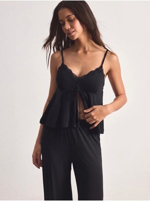 Gazaniga Noir Elegance Kadın Siyah Dantelli Rahat&pamuk Askılı Pijama Takımı