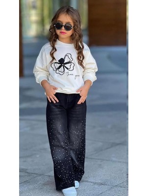 Ay Kids Aykidsclup Kız Çocuk Kelebek Baskılı Sweatshirt ve Işıltılı Bol Paça Kot Pantolon Şık Kombin 2525-