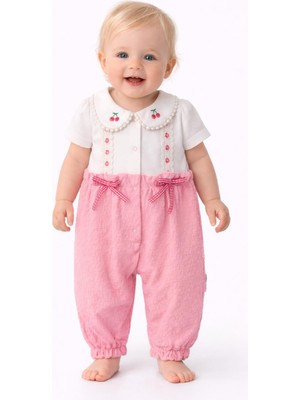 Vovido Kız Bebek Kiraz Nakışlı Tulum – Fiyonk Detaylı %100 Pamuk Şık Bebek Tulum 242156 Pembe