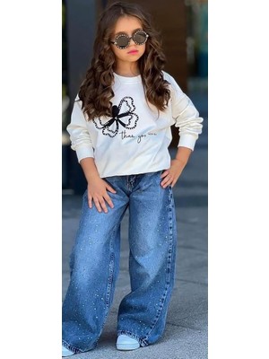 Ay Kids Aykidsclup Kız Çocuk Kelebek Baskılı Sweatshirt ve Işıltılı Bol Paça Kot Pantolon Şık Kombin 2525