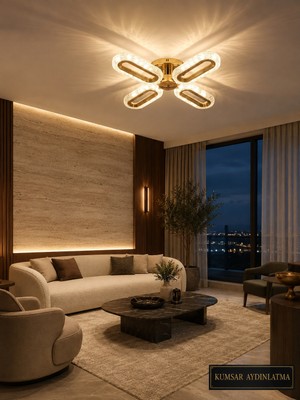 Kumsar Aydınlatma Salkım 4lu Krom Plafonyer Salon Oturma Odasi 3 Renk LED Isıklı Avize