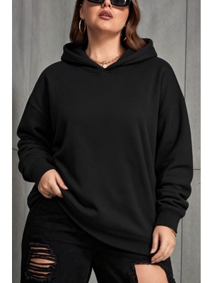 Oksit Bery Kadın Büyük Beden Battal Basic Kapüşonlu Iki Iplik Pamuklu Sweatshirt Rahat Kesim Unisex Sevgili Kombini