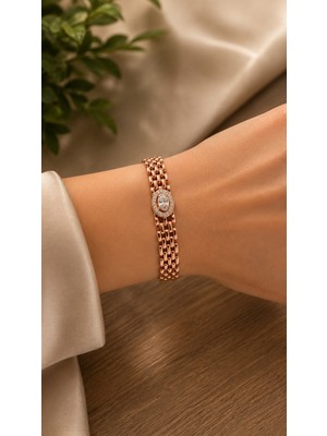 Semtim Kuyumculuk Sertifikalı 316L Çelik Rose Gold Oval Zirkon Taşlı Premium Kadın Bileklik