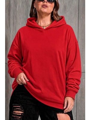 Oksit Bery Kadın Büyük Beden Battal Basic Kapüşonlu Iki Iplik Pamuklu Sweatshirt Rahat Kesim Unisex Sevgili Kombini