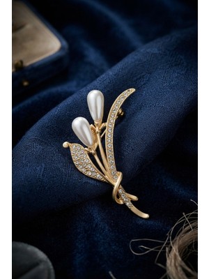 Gold Renk Incili Model Zirkon Taşlı Broş