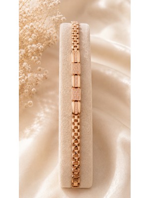 Semtim Kuyumculuk Sertifikalı 316L Çelik Rose Gold Geometrik Çok Sıralı Zirkon Taşlı Premium Kadın Bileklik