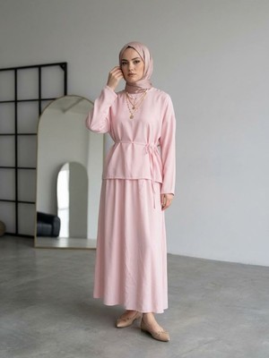Miostil Arka Fermuarlı Etekli Takım-Pembe