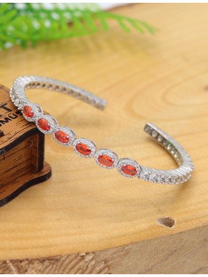Midyat Nurtaş Gümüş Turuncu Zirkon Taşlı Oval Model 925 Ayar Gümüş Kadın Bilezik 201025790