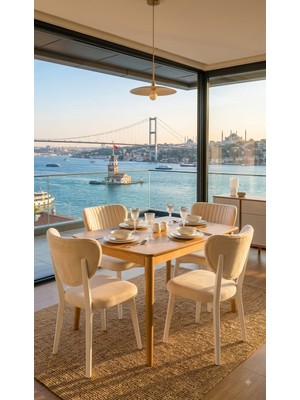 Formet Luxury Sandalye Krem Kumaş Beyaz Ayak 2 Adet Sandalye