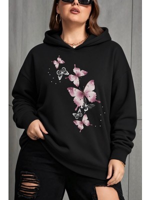 Oksit Sw Kelebek Baskılı Kadın Büyük Beden Battal Kapüşonlu Iki Iplik Pamuklu Sweatshirt Rahat Kesim
