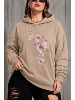 Oksit Sw Kelebek Baskılı Kadın Büyük Beden Battal Kapüşonlu Iki Iplik Pamuklu Sweatshirt Rahat Kesim