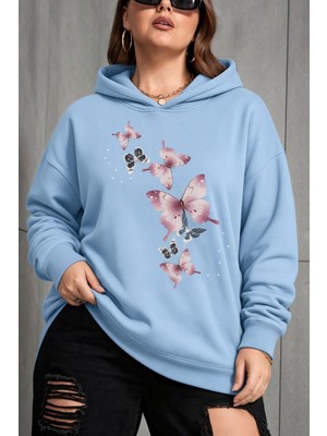 Oksit Sw Kelebek Baskılı Kadın Büyük Beden Battal Kapüşonlu Iki Iplik Pamuklu Sweatshirt Rahat Kesim