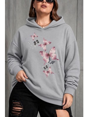 Oksit Sw Kelebek Baskılı Kadın Büyük Beden Battal Kapüşonlu Iki Iplik Pamuklu Sweatshirt Rahat Kesim