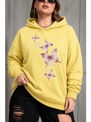 Oksit Sw Kelebek Baskılı Kadın Büyük Beden Battal Kapüşonlu Iki Iplik Pamuklu Sweatshirt Rahat Kesim