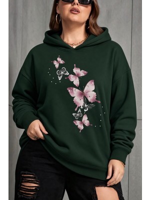 Oksit Sw Kelebek Baskılı Kadın Büyük Beden Battal Kapüşonlu Iki Iplik Pamuklu Sweatshirt Rahat Kesim
