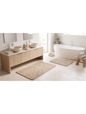 Nixa Tropikal Desenli 2’li Banyo Paspası Seti – Kaymaz Tabanlı, Yumuşak Dokulu, Bej