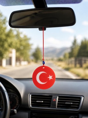 Araba Dikiz Ayna Süsü Türk Bayraklı Çift Taraflı Cam Nazar Boncuklu 25 cm