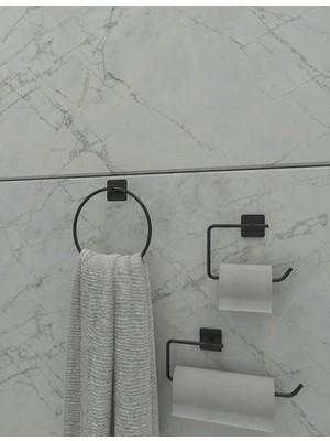 Hype Store Alper Banyo Yapışkanlı Siyah Kare Topuz Havluluk ve Kare Tuvalet Kağıtlık Kare Peçetelik Seti Düzenl