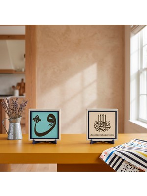 Miaju Modern ve Minimal Yaşam Alanları İçin Vav Sırrı Kombini ile Damla Hat Besmele İkili Aksesuar Seti 10x10 cm, Pudra - Turkuaz