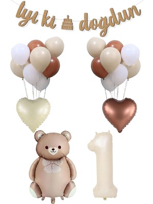 Atölye Mi 1 Yaş Retro Karamel Papyonlu Ayı ve Retro Balonlar Doğum Günü Balon Seti SET29