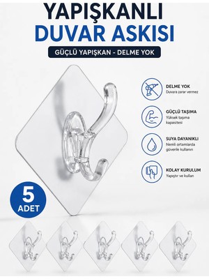 Lataris 5 Adet Şeffaf Kendinden Yapışkanlı Duvar Askısı | Güçlü Yapışkanlı Banyo, Mutfak ve Kapı Arkası Askılığı | Suya Dayanıklı