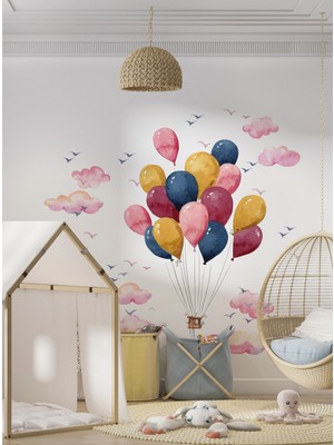 S Digital Pastel Renkli Uçan Balon ve Bulut Temalı Bebek ve Çocuk Odası Dekoru - 100X60 cm - Kendinden Yapışkanlı Mat Pvc Folyo