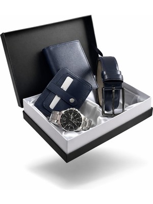 Tisaati Özel Lüks Premium Serisi Damat Çeyiz Dikey Cüzdan Kemer Kartlık ve Metal Özel Saat Çeyiz Kutulu Seti