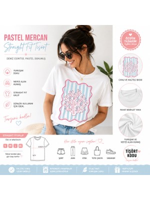 Tişört Kodu Pastel Coral Kadın Straight Fit Beyaz Tişört
