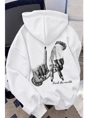 Oksit Unisex Oversize La Sırt Baskılı "rock The World" Kapüşonlu Sweatshirt Hoodie