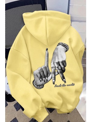 Oksit Unisex Oversize La Sırt Baskılı "rock The World" Kapüşonlu Sweatshirt Hoodie