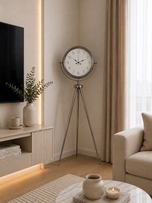 Hace Bazaar Krom Klasik Tripod 150 x 45 cm Metal Ayaklı Saat -Hcb