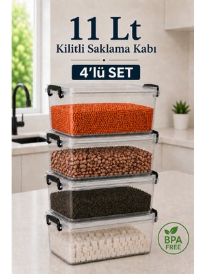 Empressco 4'lü Set 11 Lt Kilitli Un Bakliyat Erzak Saklama Kabı Çok Amaçlı Düzenleyici Oyuncak Deterjan Kutusu