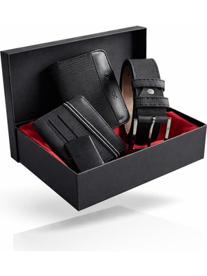 Tisaati Premium Şık Tasarım Lüks Özel Seri Dikey Ekose Desenli Cüzdan Kemer Çakmak ve Kartlık Hediye Seti