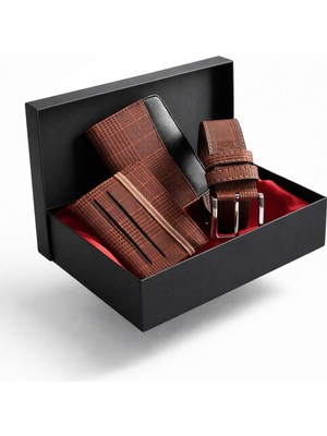 Tisaati Premium Şık Tasarım Lüks Özel Seri Dikey Ekose Desenli Cüzdan Kemer ve Kartlık Hediye Seti