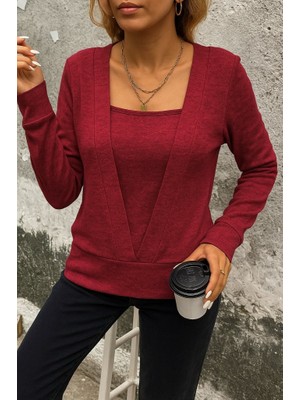 Palmira Demir Kadın Uzun Kollu Kruvaze Yaka Kol ve Etek Ucu Manşet Detay Yumoş Bluz - Kırmızı / 2xl-3xl
