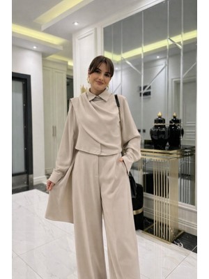 Palmira Demir Kadın Uzun Kollu Şal Detaylı Bluz ve Pantolon Ikili Takım (Kemer Dahil Değil) - Bej / S-M