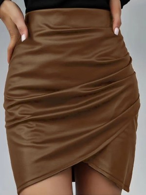 Palmira Demir Kadın Yüksek Bel Yandan Fermuarlı Pileli Mini Deri Etek - Kahve / 2xl-3xl